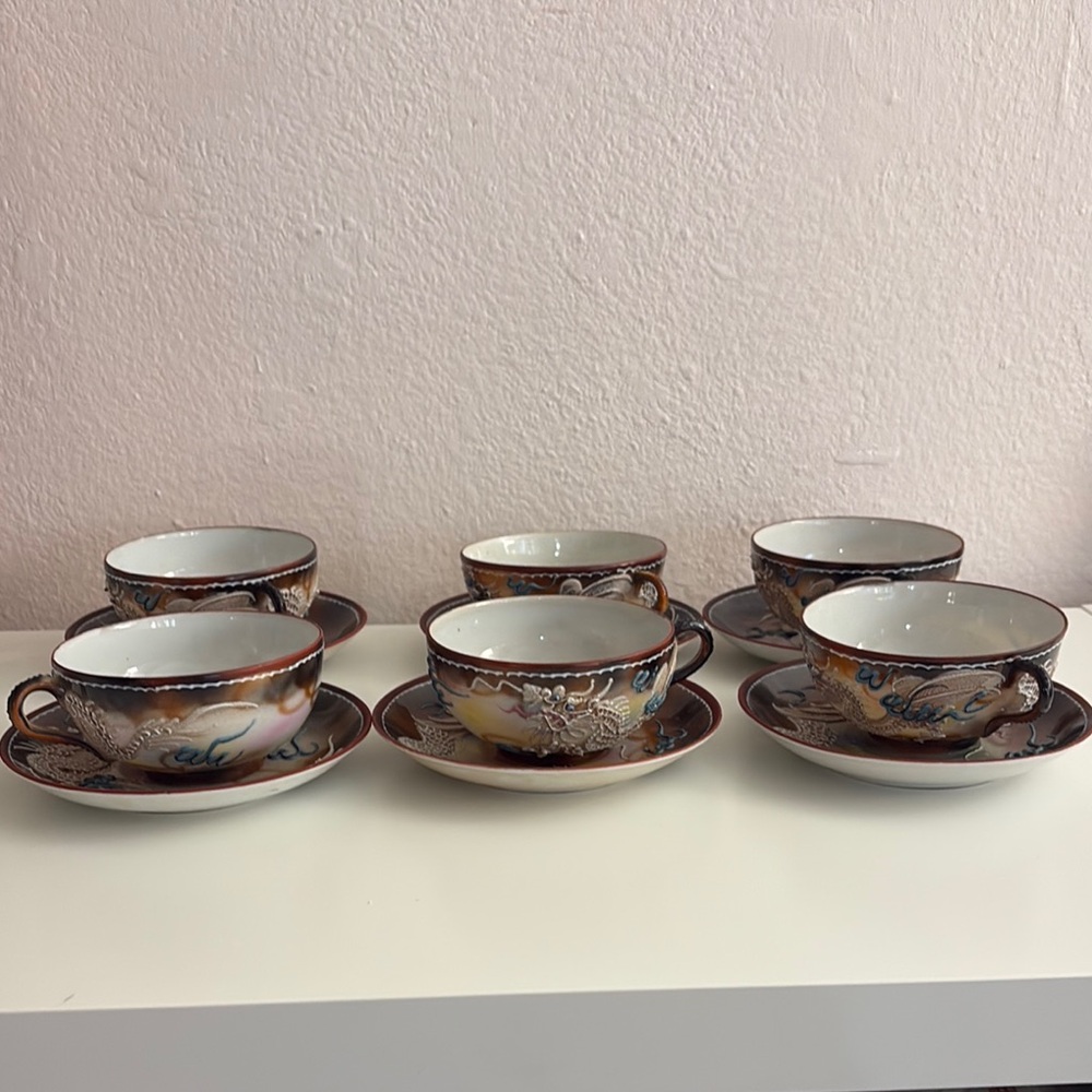 Vintage Hand Painted Japan Tea Cup and Saucer Set - Brown Blue Floral (6 pcs)